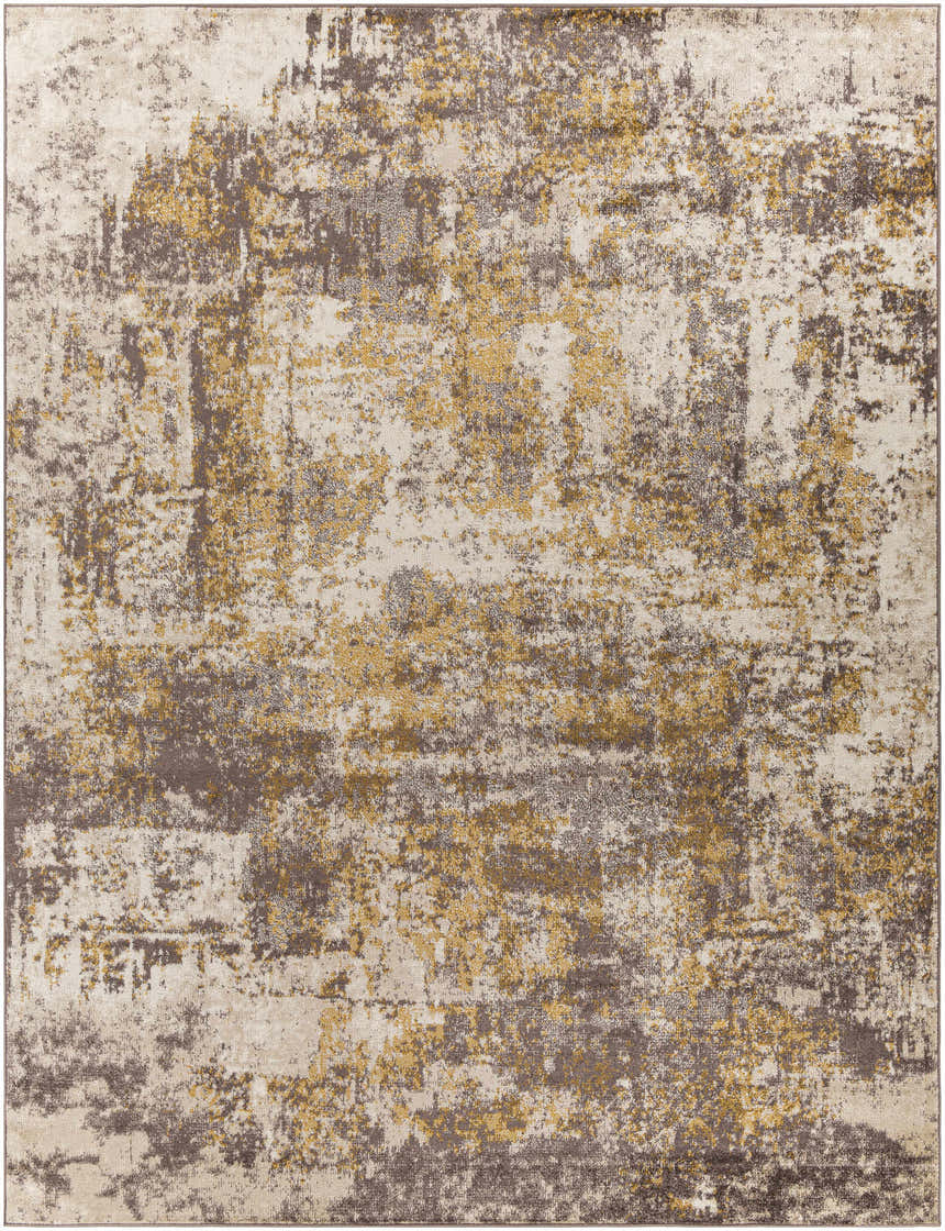 Close-up of the Pamantingan Area Rug: a contemporary shag with cream, beige, gray, brown, and mustard abstract patterns. Design-Rectangle-710103