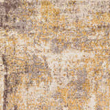 Close-up of Pamantingan Area Rug. Shag rug with cream, beige, brown, gray, and mustard abstract pattern. Contemporary style. Swatch