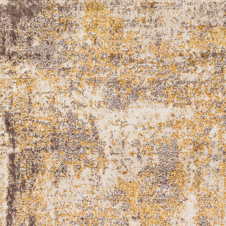 Close-up of Pamantingan Area Rug. Shag rug with cream, beige, brown, gray, and mustard abstract pattern. Contemporary style. Swatch