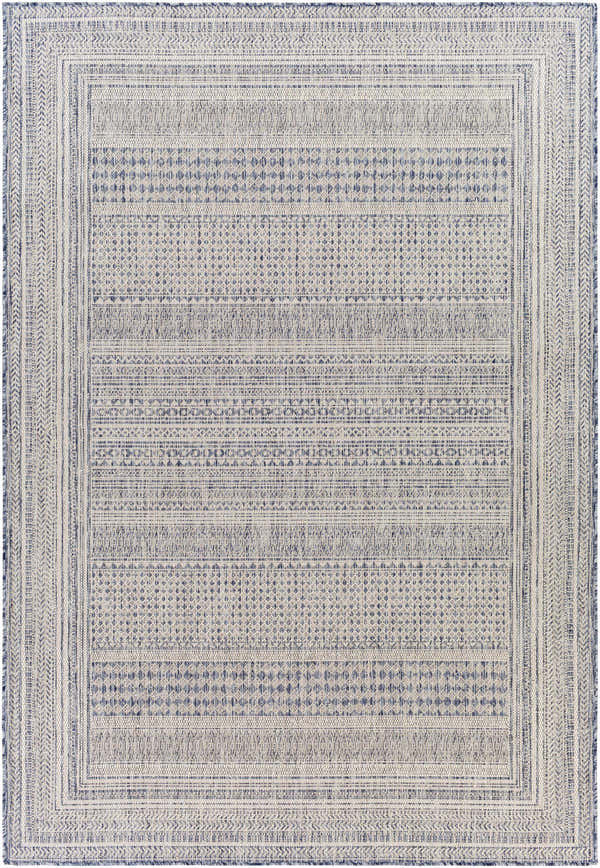 Close-up of the Panaytayon Area Rug. Cream and navy rug with a contemporary, geometric pattern and woven texture. Design-Rectangle-537