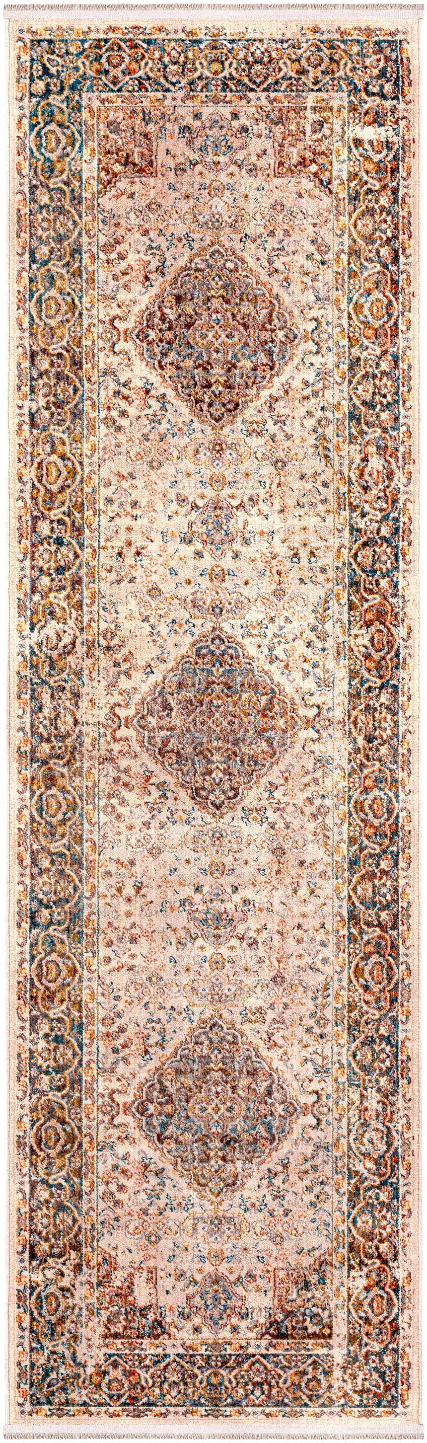Close-up of the Panglao Area Carpet, a machine-woven runner with brick red, cream, and blue oriental-inspired patterns. Design-Runner-279