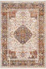 Detailed Panglao Area Carpet close-up. Bohemian style rug in brick red, cream, blue, and gray with a traditional floral pattern. Design-Rectangle-58