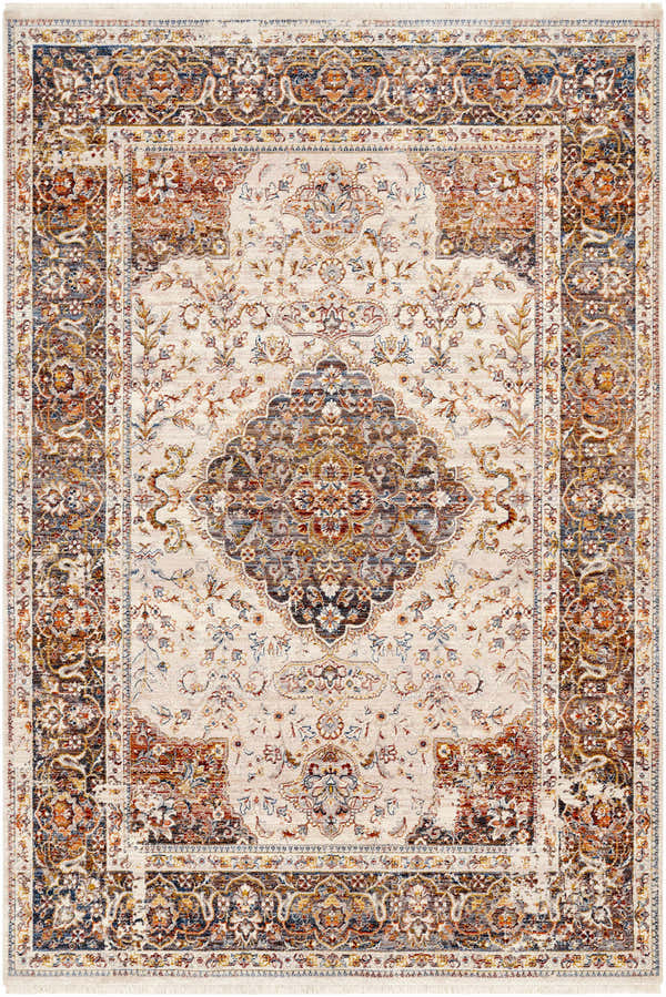 Detailed Panglao Area Carpet close-up. Bohemian style rug in brick red, cream, blue, and gray with a traditional floral pattern. Design-Rectangle-58
