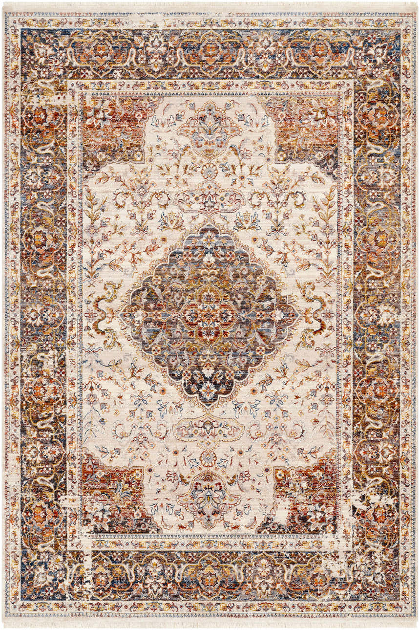Detailed Panglao Area Carpet close-up. Bohemian style rug in brick red, cream, blue, and gray with a traditional floral pattern. Design-Rectangle-58