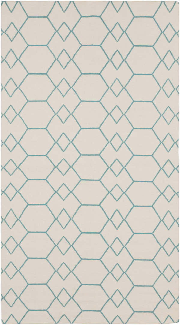 Close-up of the Paonia Area Rug. Beige wool rug with a teal geometric pattern. Hand woven contemporary style. Design-Rectangle-58