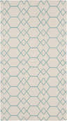 Close-up of the Paonia Area Rug. Beige wool rug with a teal geometric pattern. Hand woven contemporary style. Design-Rectangle-58