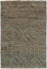 Close-up of the Parkville Jute Carpet. Brown, dark green, and light beige jute rug with a geometric diamond pattern. Hand-knotted texture. Design-Rectangle-23
