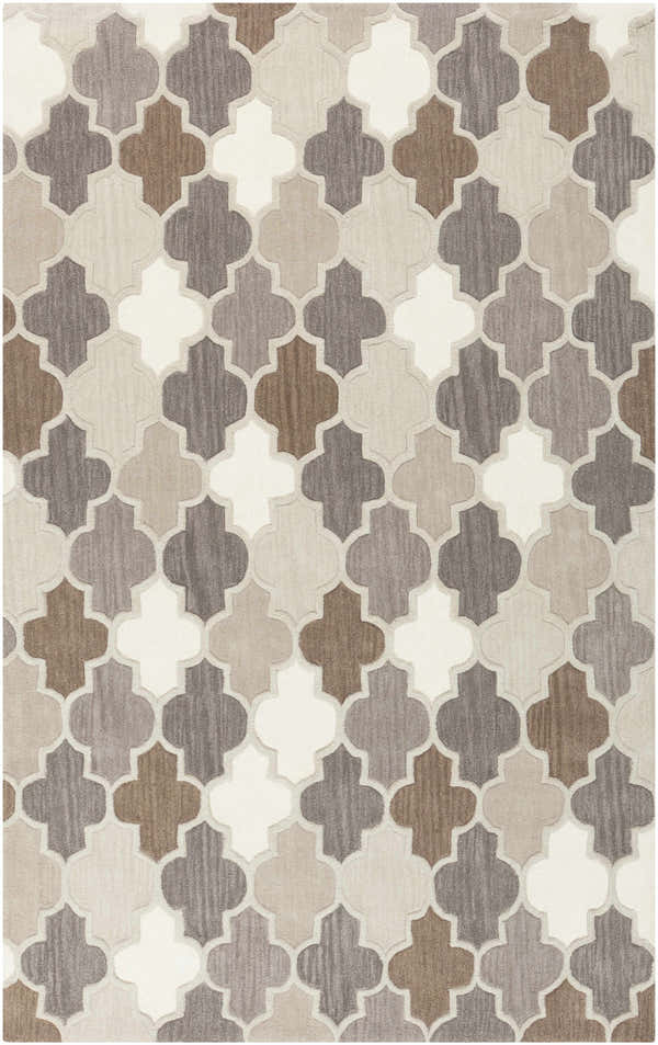 Close-up of the Paron Area Rug featuring a quatrefoil pattern in charcoal, brown, gray, ivory, beige, tan, and taupe. Design-Rectangle-58