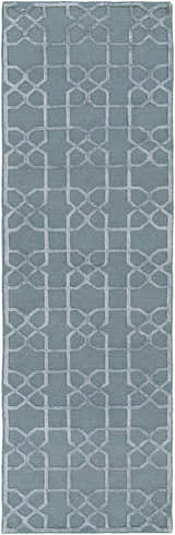 Close-up of the hand-knotted Paskenta Area Carpet in light sage. Traditional geometric trellis pattern. 100% Wool rug. Design-Runner-268