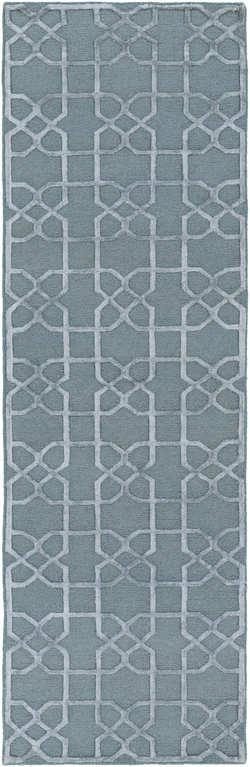 Close-up of the hand-knotted Paskenta Area Carpet in light sage. Traditional geometric trellis pattern. 100% Wool rug. Design-Runner-268