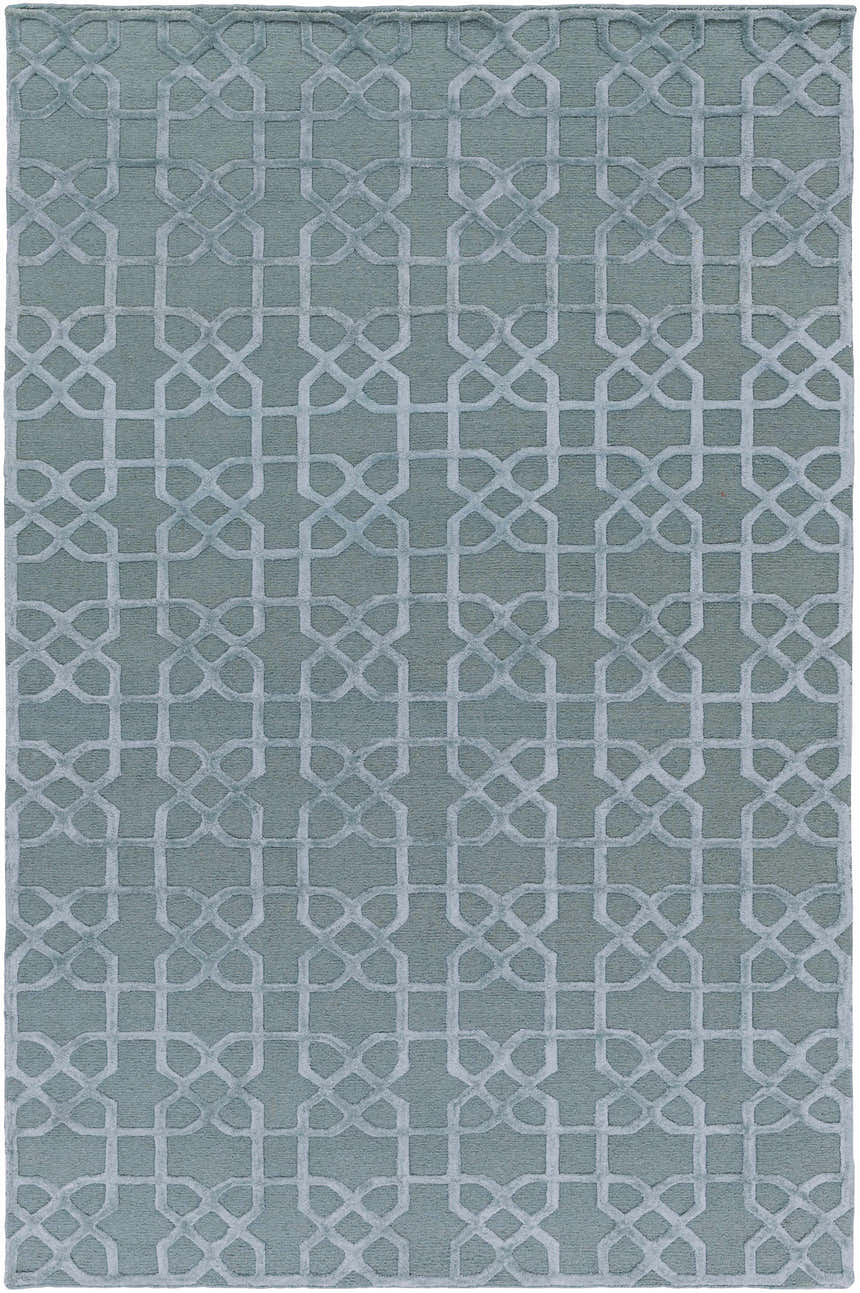 Close-up of the Paskenta Area Carpet. Light sage wool rug with a traditional geometric pattern. Hand-knotted texture. Design-Rectangle