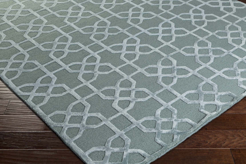 Close-up of the Paskenta Area Carpet in light sage with a traditional geometric pattern on dark wood floors. Corner