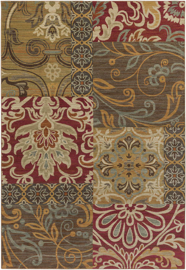 Detailed Pattersonville Area Rug featuring a patchwork of traditional floral patterns in brown, burgundy, and sage. Design-Rectangle