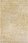 Close-up of the Patagonia Area Rug. Light gray and mustard floral burst pattern. Hand-knotted wool and viscose rug. Design-Rectangle-69