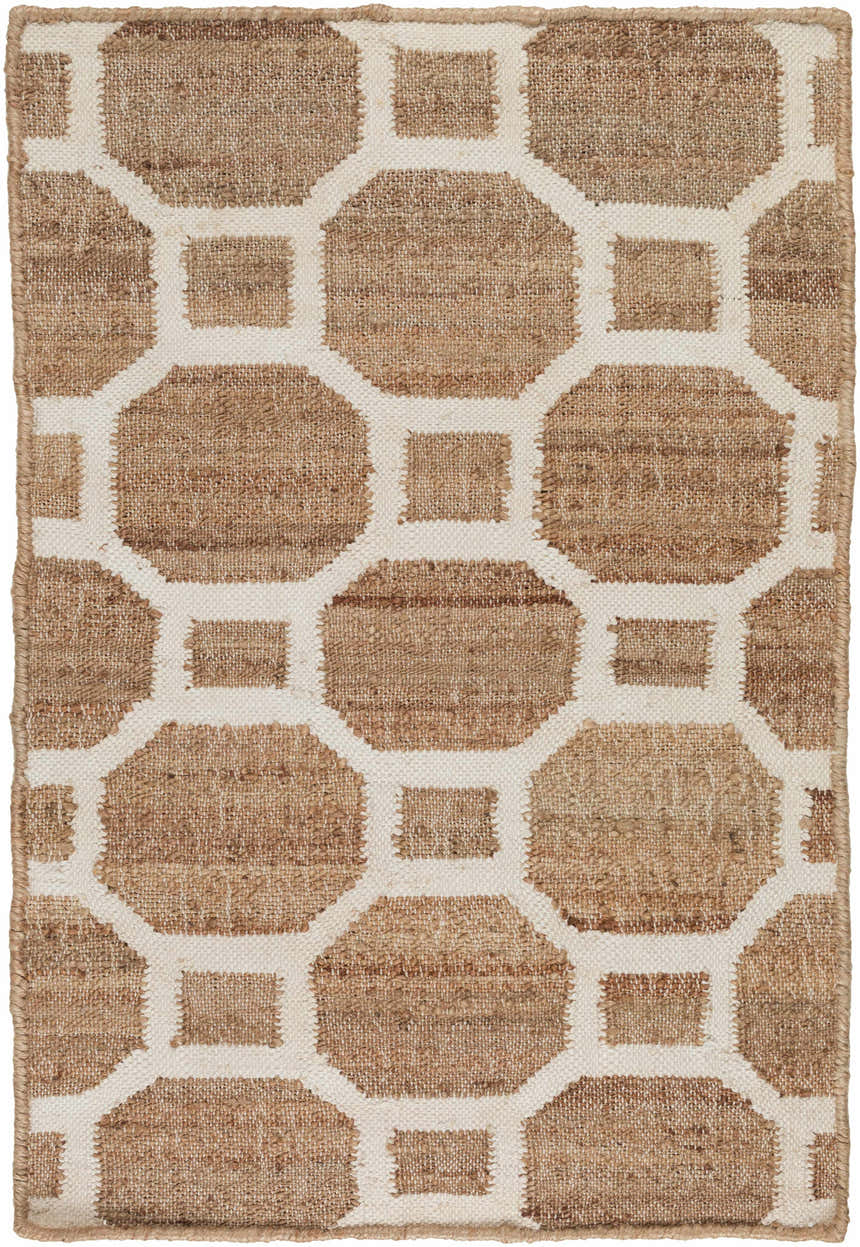 Close-up of the Pattersonvle Area Carpet. Brown and white jute rug with a contemporary geometric octagon and square pattern. Design-Rectangle-23