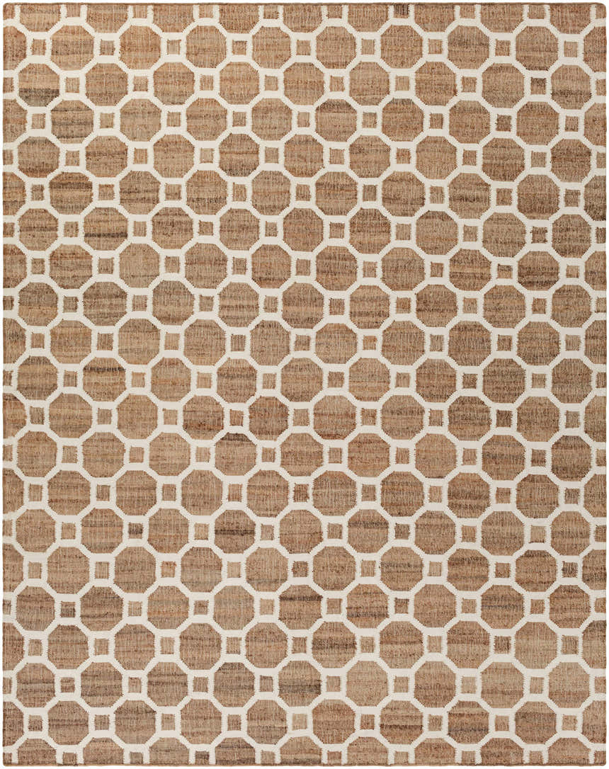 Close-up of the Pattersonvle Area Carpet. Brown jute rug with a white geometric octagon and square pattern. Hand woven texture. Design-Rectangle-810