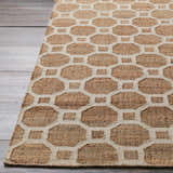 Close-up of the hand woven Pattersonvle Area Carpet. Brown and white geometric pattern on a jute and viscose rug. Front