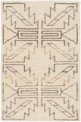 Close-up of the Pawhuska Area Rug. Hand-knotted wool rug in charcoal and peach with a geometric, farmhouse-style pattern. Design-Rectangle-23