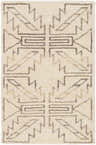 Close-up of the Pawhuska Area Rug. Hand-knotted wool rug in charcoal and peach with a geometric, farmhouse-style pattern. Design-Rectangle-23