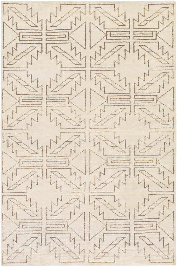 Close-up of Pawhuska area rug. Hand-knotted wool rug with charcoal geometric pattern on a cream background. Farmhouse style. Design-Rectangle-5686