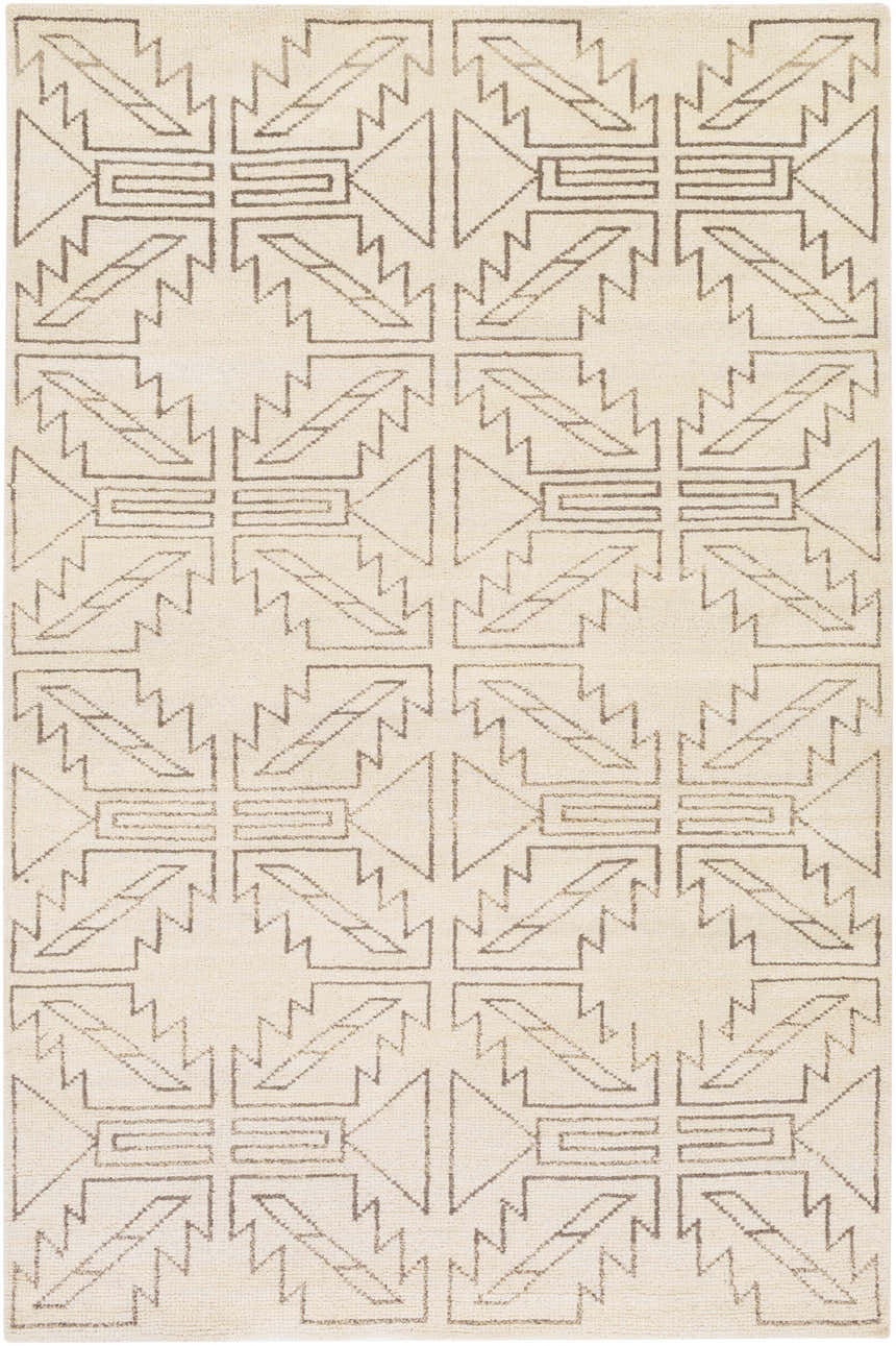 Close-up of Pawhuska area rug. Hand-knotted wool rug with charcoal geometric pattern on a cream background. Farmhouse style. Design-Rectangle-5686