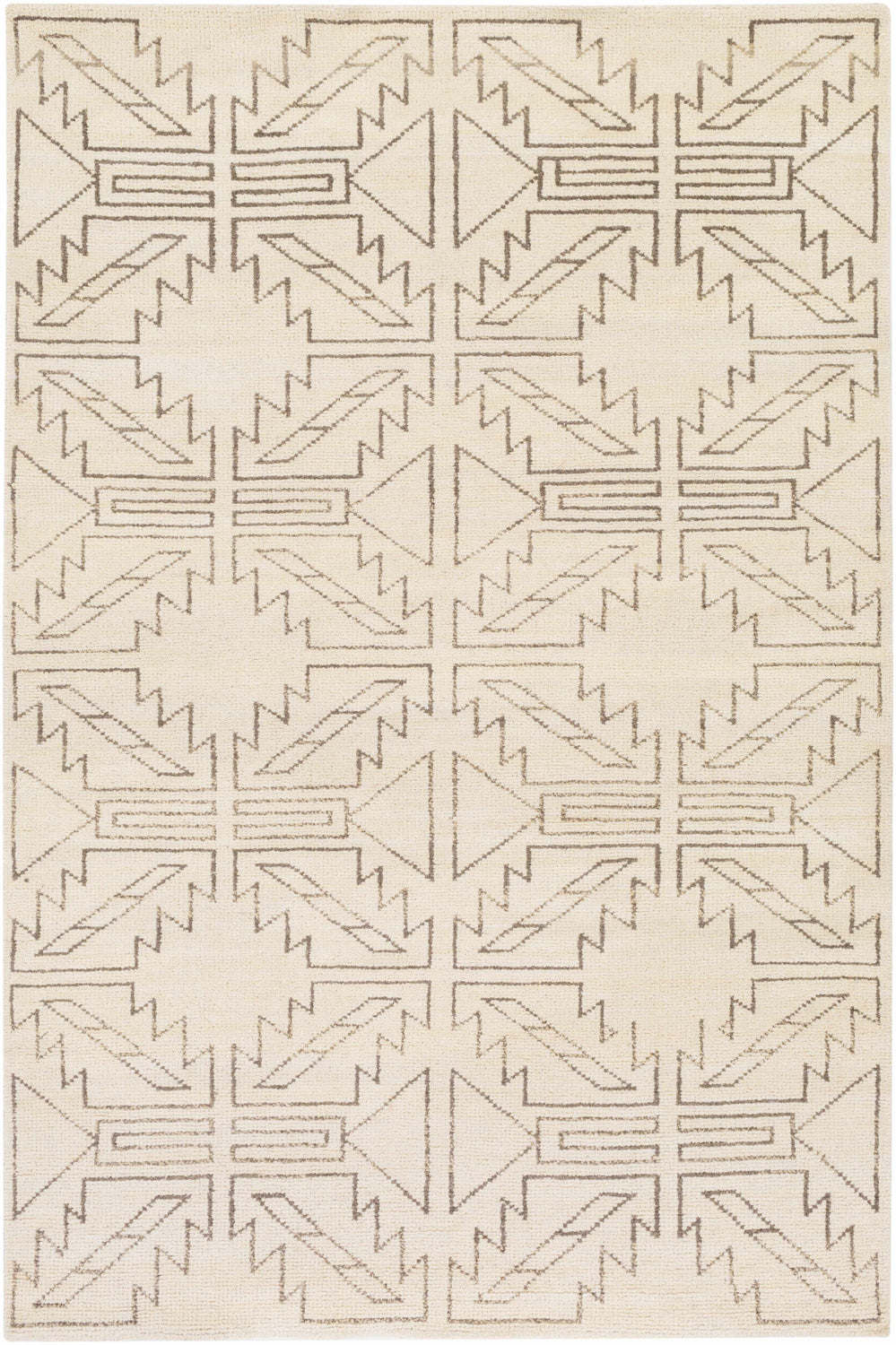 Close-up of Pawhuska area rug. Hand-knotted wool rug with charcoal geometric pattern on a cream background. Farmhouse style. Design-Rectangle-5686