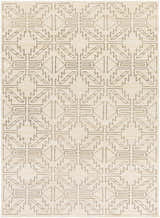 Close-up of the hand-knotted Pawhuska Area Rug. Farmhouse style with charcoal geometric pattern on a peach 100% wool rug. Design-Rectangle-811