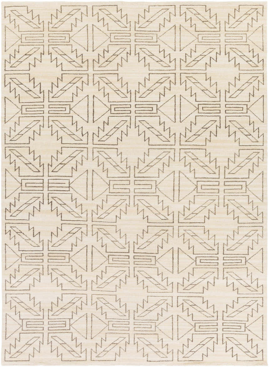 Close-up of the hand-knotted Pawhuska Area Rug. Farmhouse style with charcoal geometric pattern on a peach 100% wool rug. Design-Rectangle-811