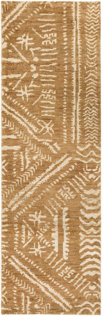 Close-up of the Pickerington Jute Carpet. Hand-knotted rug with beige and brown farmhouse-style geometric pattern. Design-Runner-268