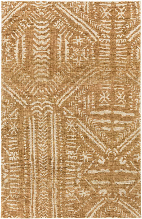 Close-up of Pickerington Jute Carpet, beige and brown farmhouse style with hand-knotted geometric pattern. Design-Rectangle-576