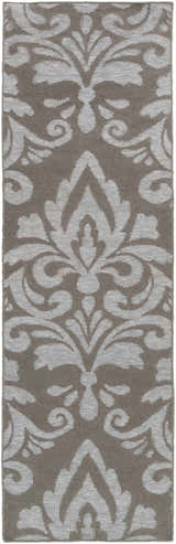 Close-up of the hand-woven Pearsonville Area Carpet. Gray and silver damask pattern. Contemporary, farmhouse style runner rug. Design-Runner-268