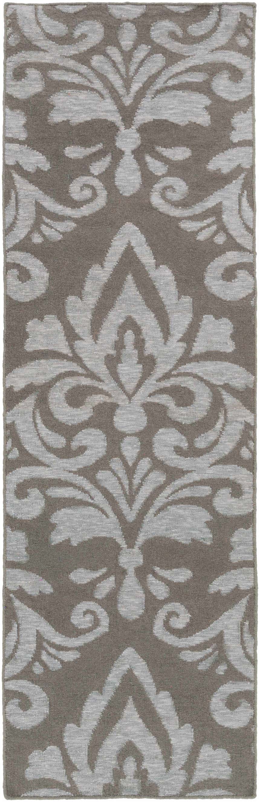 Close-up of the hand-woven Pearsonville Area Carpet. Gray and silver damask pattern. Contemporary, farmhouse style runner rug. Design-Runner-268