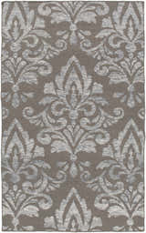 Pearsonville Area Carpet, a hand-woven runner rug with a gray and off-white damask pattern. Contemporary, farmhouse style. Design-Rectangle-576