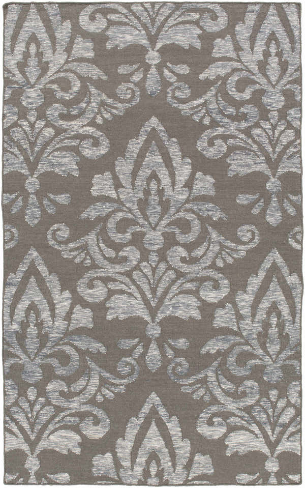 Pearsonville Area Carpet, a hand-woven runner rug with a gray and off-white damask pattern. Contemporary, farmhouse style. Design-Rectangle-576