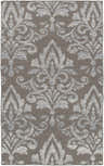 Pearsonville Area Carpet, a hand-woven runner rug with a gray and off-white damask pattern. Contemporary, farmhouse style. Design-Rectangle-576