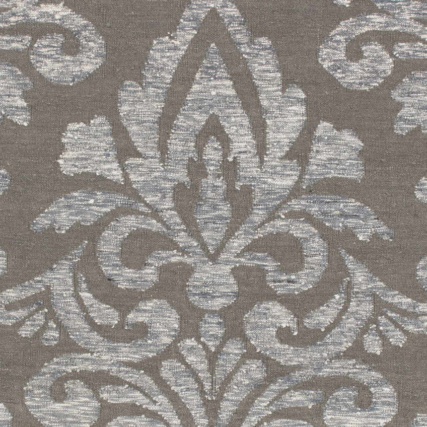 Close-up of the Pearsonville Area Carpet showing a gray background and a light gray floral damask pattern. Swatch