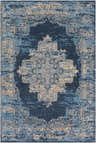 Close-up of the Peckville Clearance Rug. Hand-woven rug in beige, blue, ink blue, tan, and taupe with a traditional, farmhouse design. Design-Rectangle-576