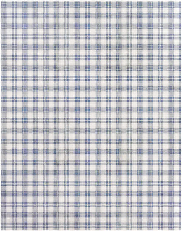 Close-up of Pegswood Area Rug in cream, medium gray, and tan plaid. Contemporary style vinyl rug. Design-Rectangle