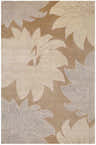 Close-up of the Penalosa Area Carpet. Hand-knotted wool rug with a large floral pattern in camel, beige, and gray tones. Design-Rectangle-58