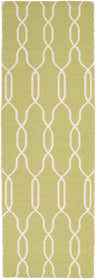 Close-up of the Penasco Area Carpet. Green wool rug with a cream geometric trellis pattern. Hand woven texture. Design-Runner-268