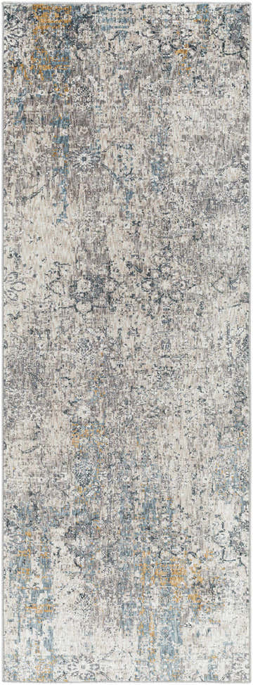 Close-up of the Pence Luxe Fringe Rug, a contemporary rug in beige, blue, charcoal, and tan with a distressed abstract pattern. Design-Runner-2773
