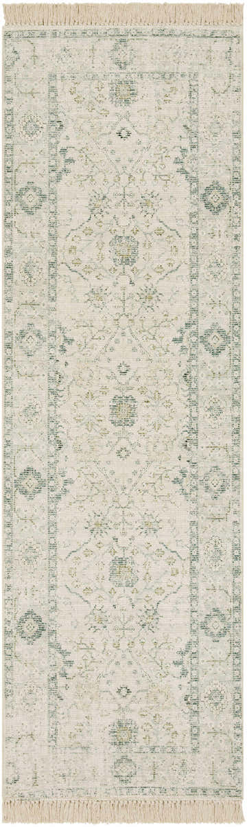 Close-up of the Penkridge Sage Persian Style Rug, featuring a traditional green and white pattern with fringe. Design-Runner-268