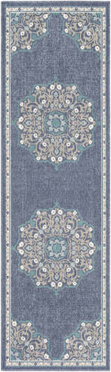 Close-up of a Penland Area Rug - Clearance. Navy rug with pale blue, taupe, teal, and white floral medallion pattern. Design-Runner-2379