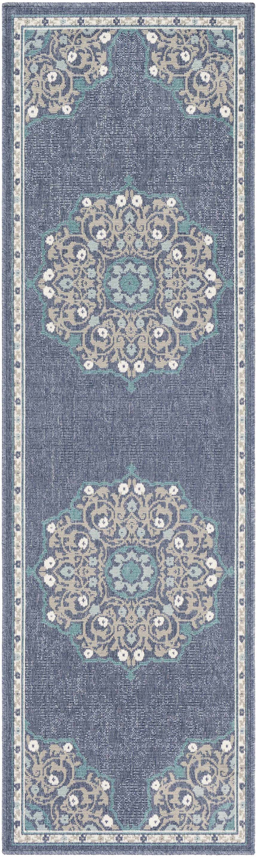 Close-up of a Penland Area Rug - Clearance. Navy rug with pale blue, taupe, teal, and white floral medallion pattern. Design-Runner-2379