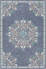 Detailed view of the Penland Area Rug showcasing its navy, teal, and taupe floral medallion design. Design-Rectangle-5376