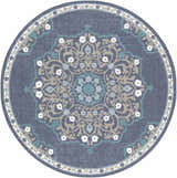 Detailed Penland Area Rug - Clearance, round shape with navy, teal, taupe and white floral medallion pattern. Design-Round-73