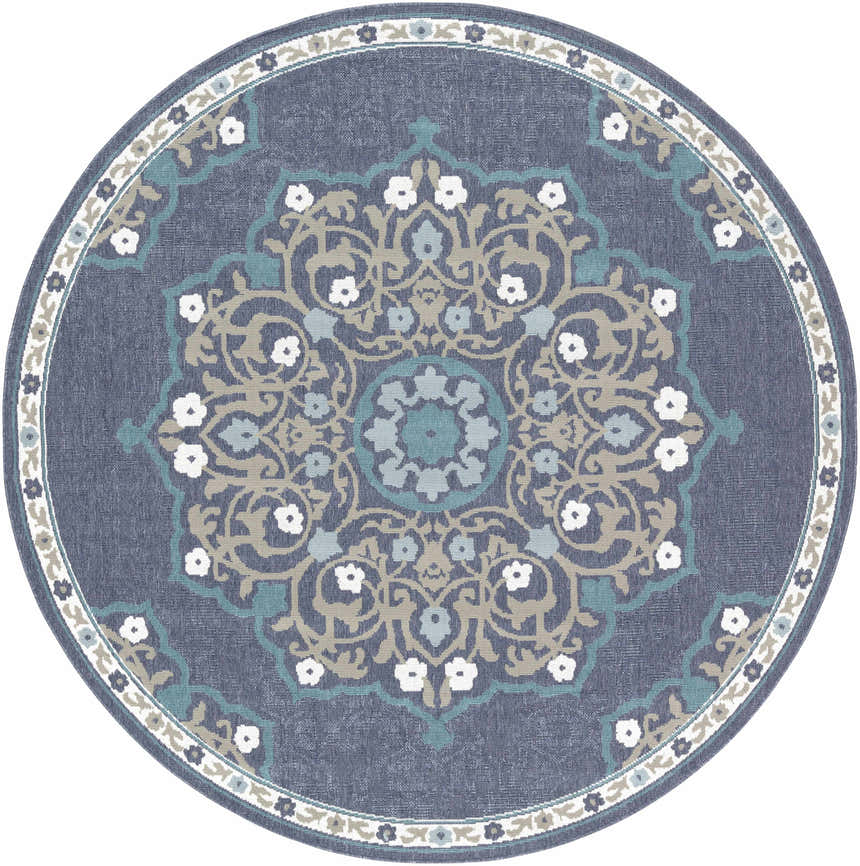Detailed Penland Area Rug - Clearance, round shape with navy, teal, taupe and white floral medallion pattern. Design-Round-73