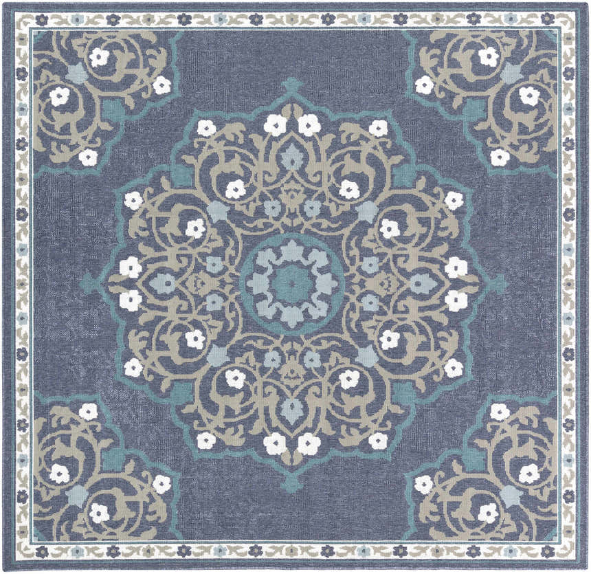 Close-up of the Penland Area Rug, featuring a navy, teal, and taupe floral medallion pattern and decorative border. Design-Square-73