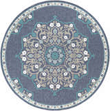 Close-up of the round Penland Area Rug. Navy olefin rug with a teal, taupe, and white floral medallion pattern. Design-Round-89