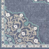 Close up of the Penland Area Rug showing navy, pale blue, taupe, and white floral and vine pattern. Swatch